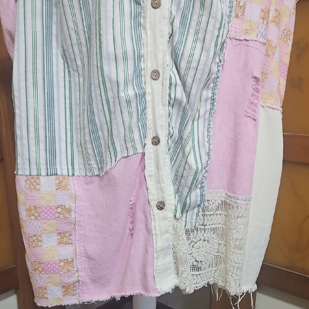 Boho Cottagecore Patchwork Button Down Distressed Oversized Hooded Shirt - Picture 16 of 16